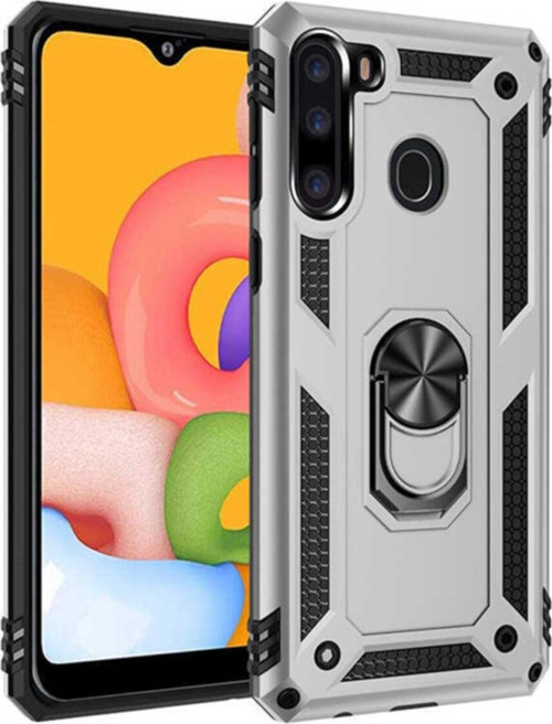 Samsung Galaxy A21 Kapak Military Yüzüklü Stantlı Panzer Tank Kılıf - Gri