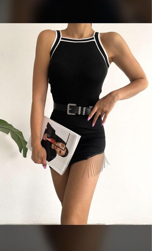 Kadın Kolsuz Halter Yaka Triko Atlet Crop Bluz Siyah Standart