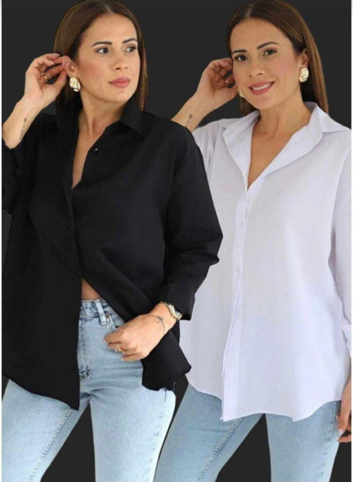 Kadın Giyim Basic Siyah Beyaz Oversize Uzun Kollu 2Li Gömlek Siyah - Beyaz S