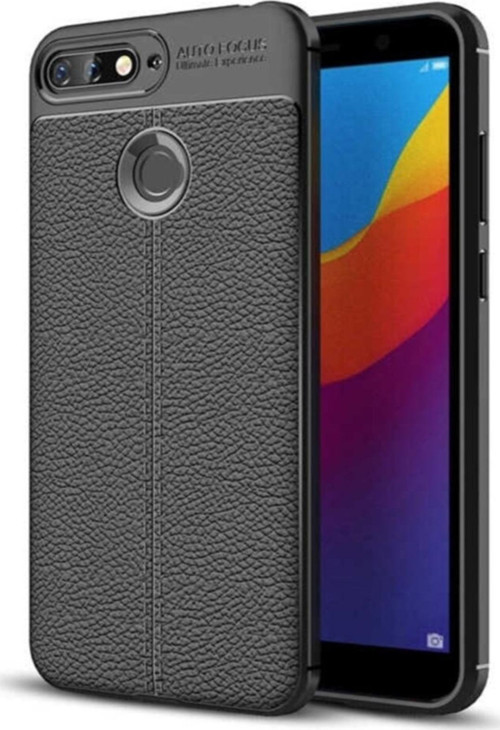 Huawei Y7 2018 Kılıf Darbe Korumalı Deri Görünümlü Silikon Arka Kapak - Siyah