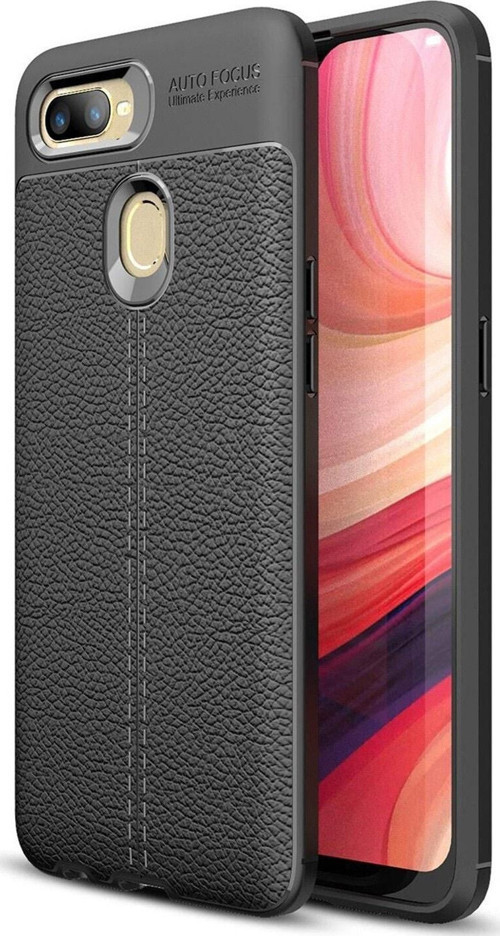 Oppo AX7 Kılıf Darbe Korumalı Deri Görünümlü Silikon Arka Kapak - Siyah