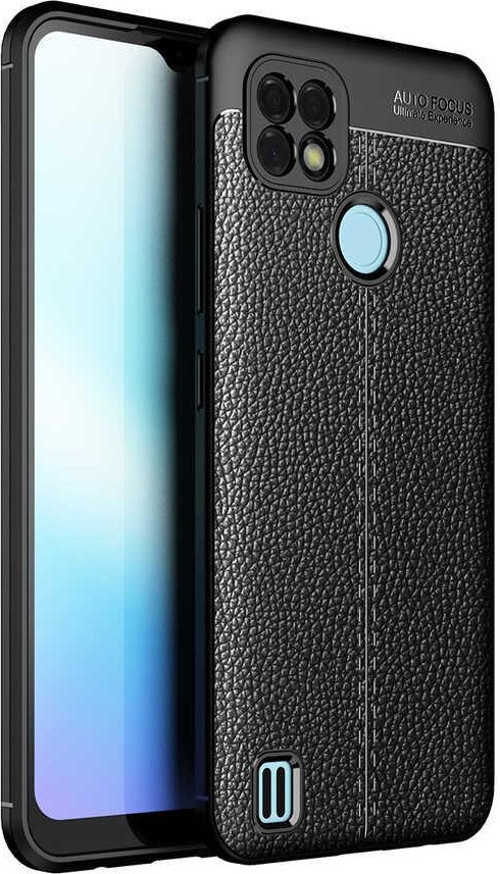 Realme C25 Kılıf Darbe Korumalı Deri Görünümlü Silikon Arka Kapak - Siyah