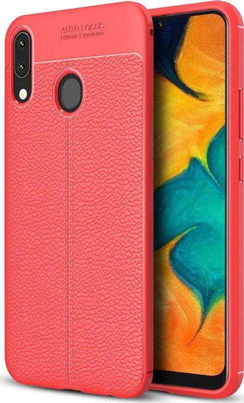 Samsung Galaxy A30 Kılıf Darbe Korumalı Deri Görünümlü Silikon Arka Kapak - Kırmızı