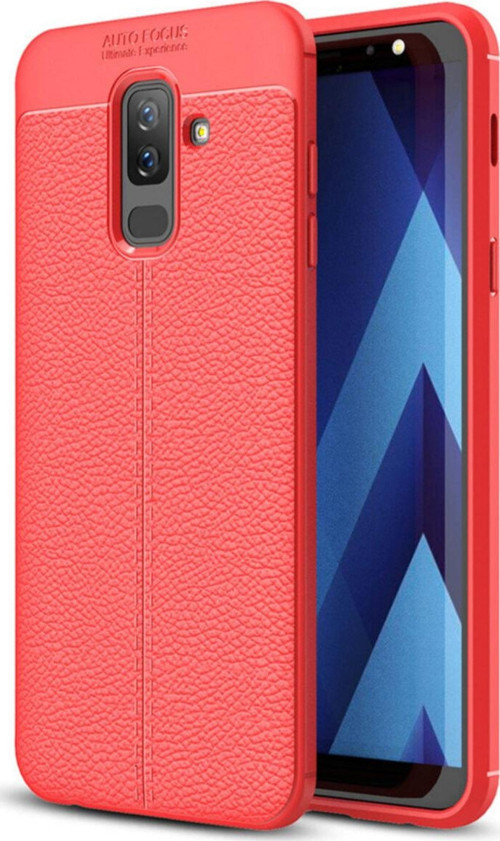 Samsung Galaxy A6 Plus 2018 Kılıf Darbe Korumalı Deri Görünümlü Silikon Arka Kapak - Kırmızı