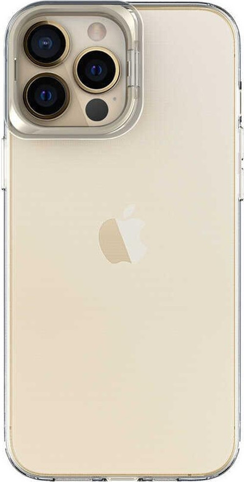 Apple iPhone 13 Pro Max Kapak Lens Standlı Sararmaz Şeffaf Silikon Kılıf - Gold
