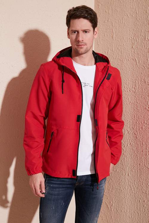 Relaxed Fit Kapüşonlu Fermuarlı Cepli Erkek Mont 5711402 KIRMIZI