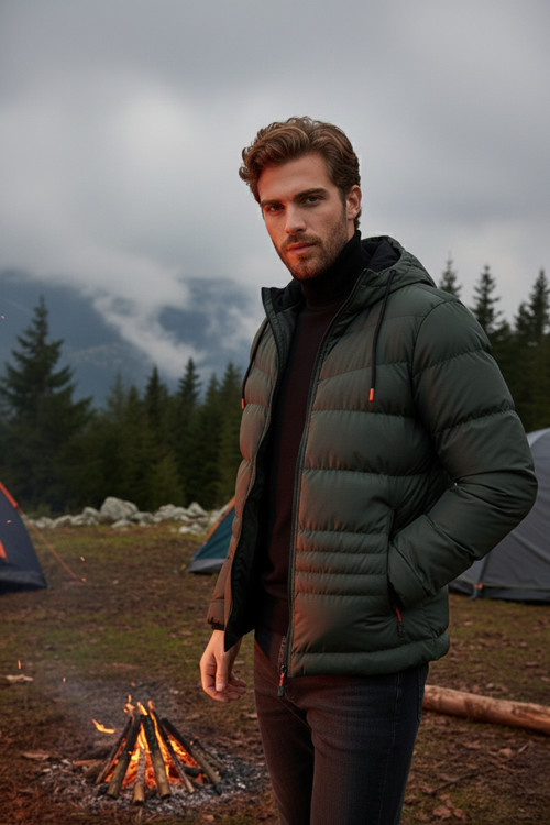 Kapüşonlu Cepli Slim Fit Şişme Erkek Mont 6490001 HAKİ