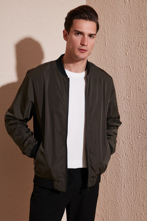 Slim Fit Fermuarlı Kolej Yaka Bomber İnce Erkek Mont 497TEKER HAKİ