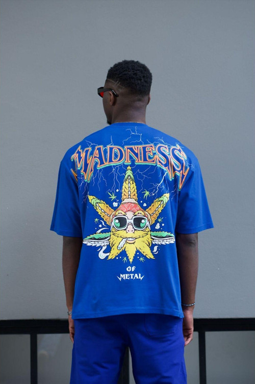 Erkek Saks Mavisi Oversize %100 Pamuk 'Madness' Baskılı T-Shirt Trk163464