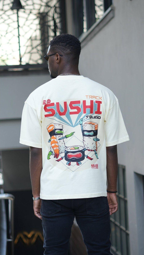 Oversize %100 Pamuk 'Sushi Squad' Baskılı Unisex T-Shirt Sarı