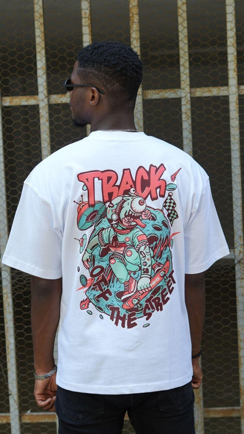 Oversize %100 Pamuk 'Track Of The Street' Baskılı Unisex T-Shirt Beyaz