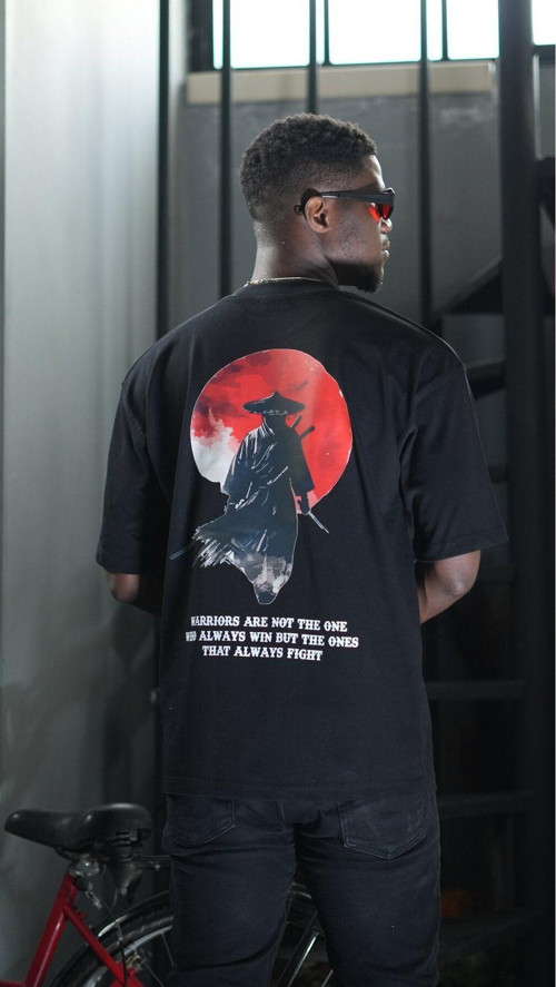 Oversize %100 Pamuk Samuray Baskılı Unisex T-Shirt Siyah