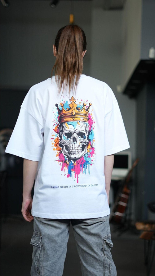 Oversize %100 Pamuk King Crown Baskılı Unisex T-Shirt Beyaz