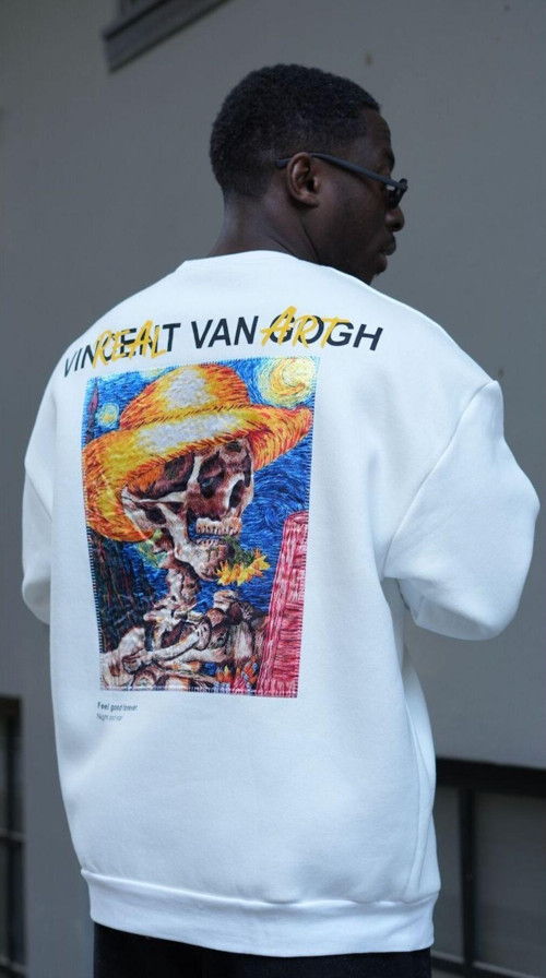 Özel Tasarım Oversize Van Gogh Baskılı Unisex Sweatshirt Beyaz