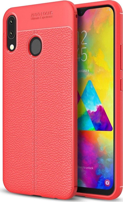 Samsung Galaxy M20 Kılıf Darbe Korumalı Deri Görünümlü Silikon Arka Kapak - Kırmızı