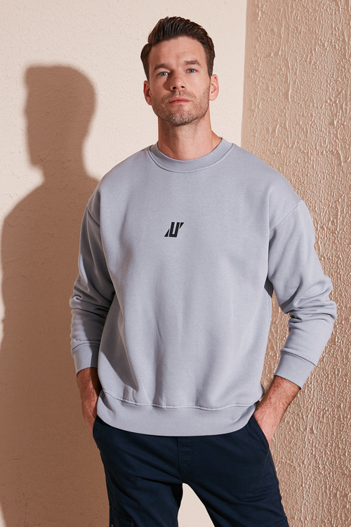 Regular Fit Bisiklet Yaka Pamuklu İçi Tüylü Yumuşak Şardonlu Erkek Sweat 5905405 AÇIK GRİ