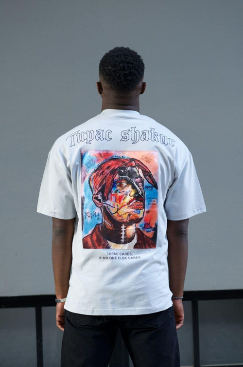 Erkek Gri Özel Tasarım Oversize %100 Pamuk Tupac Baskılı T-Shirt Trk11200