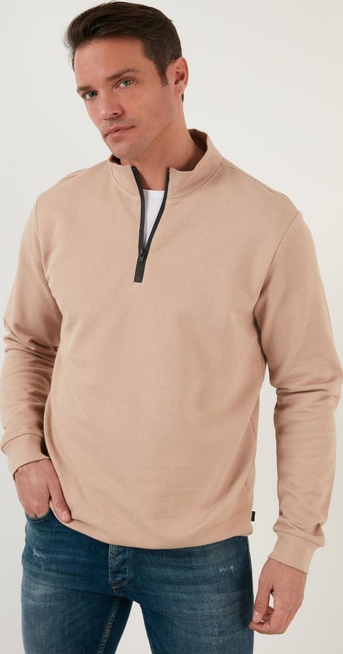 Pamuklu Slim Fit Yarım Fermuarlı Dik Yaka Erkek Sweat 5905400 BEJ