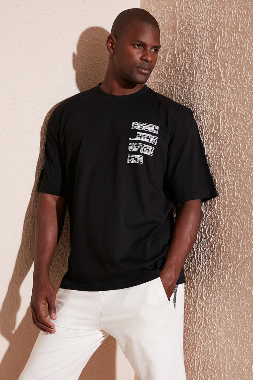 % 100 Pamuk Baskılı Oversize Bisiklet Yaka Erkek T Shirt 5902641 SİYAH