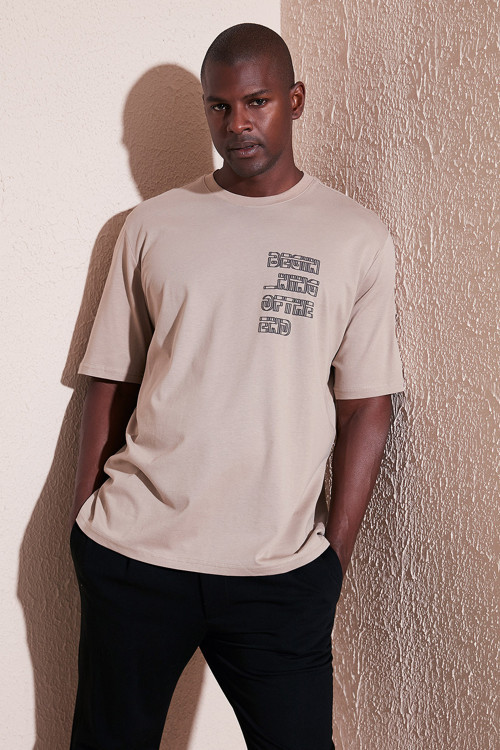 % 100 Pamuk Baskılı Oversize Bisiklet Yaka Erkek T Shirt 5902641 VİZON