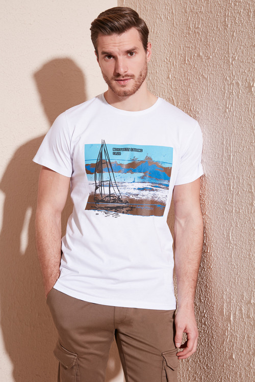 Baskılı Bisiklet Yaka % 100 Pamuklu Slim Fit Erkek T Shirt 541YELKEN24 BEYAZ