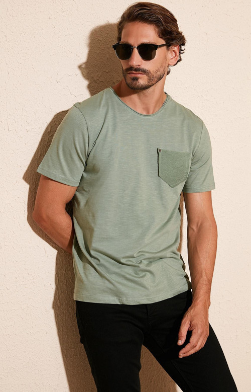 % 100 Pamuklu Slim Fit Bisiklet Yaka Cepli Erkek T Shirt 5902000 YEŞİL