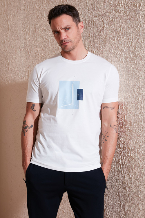 Baskılı Pamuklu Bisiklet Yaka Slim Fit Erkek T Shirt 646R8040 EKRU