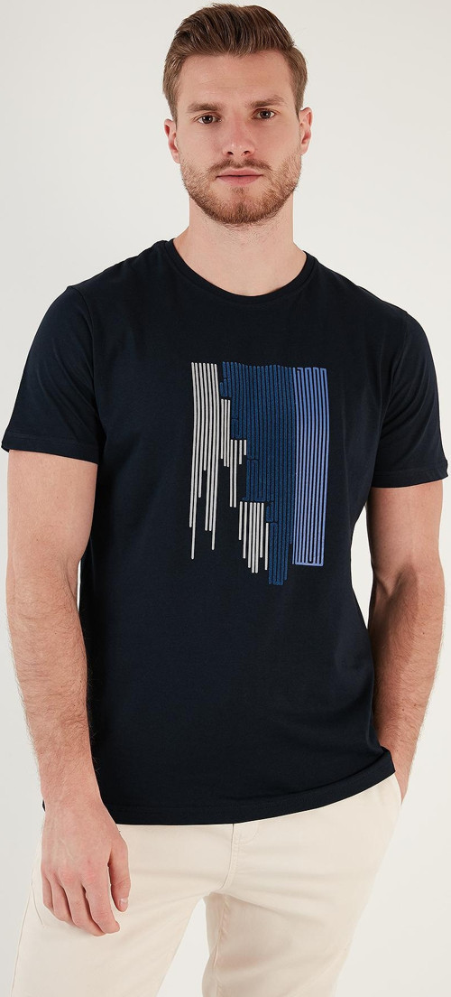 Baskılı % 100 Pamuk Slim Fit Bisiklet Yaka Erkek T Shirt 646B3780 LACİVERT