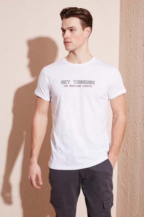 Basklı Bisiklet Yaka % 100 Pamuklu Slim Fit Erkek T Shirt 541GET BEYAZ