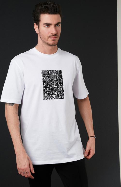 Pamuklu Oversize Bisiklet Yaka Erkek T Shirt 5727400 BEYAZ