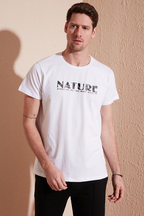 Bisiklet Yaka % 100 Pamuk Slim Fit Erkek T Shirt 541NATURE BEYAZ
