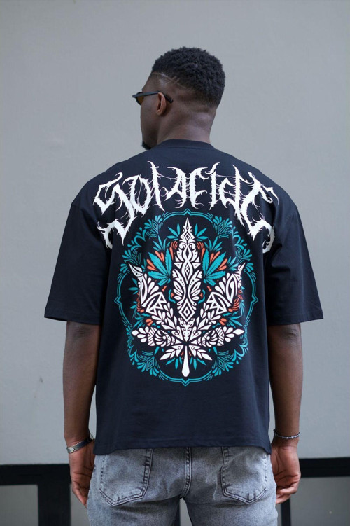 Erkek Siyah Oversize %100 Pamuk Baskılı T-Shirt Trk185964