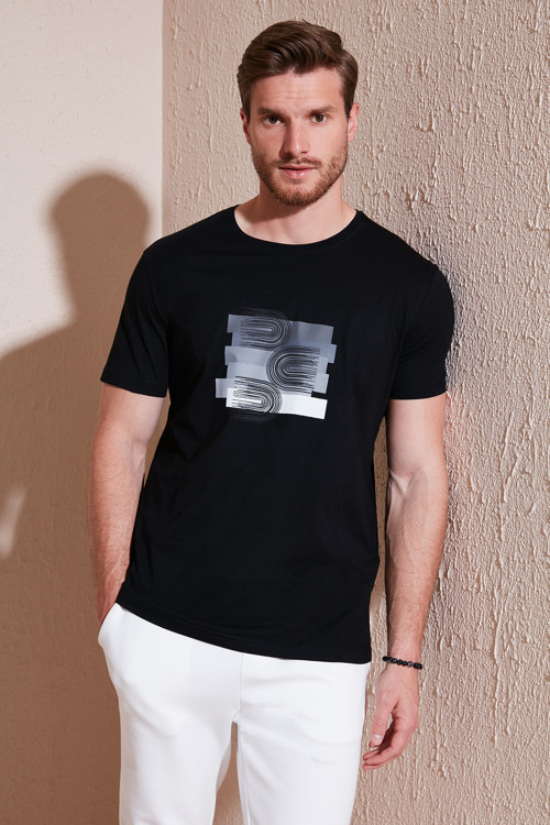 Pamuklu Slim Fit Bisiklet Yaka Erkek T Shirt 646R8010 SİYAH
