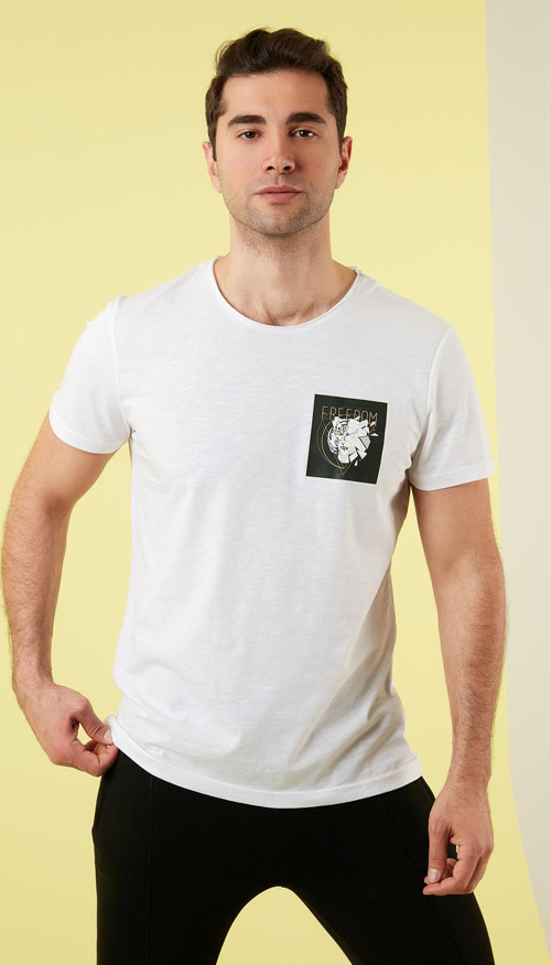 Slim Fit Baskılı Bisiklet Yaka % 100 Pamuk Erkek T Shirt 5902376 BEYAZ