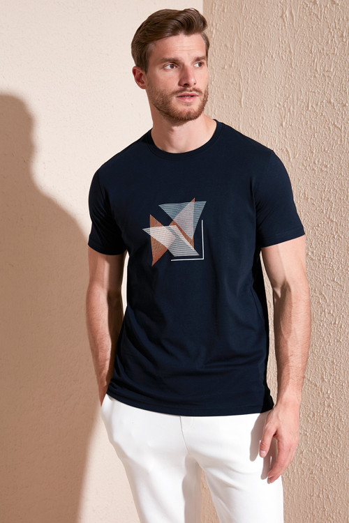 Pamuklu Slim Fit Bisiklet Yaka Erkek T Shirt 646R8290 LACİVERT