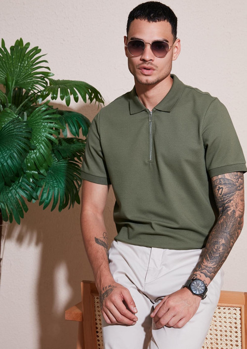 Pamuklu Regular Fit Fermuarlı Erkek Polo Yaka T Shirt 5902915 HAKİ