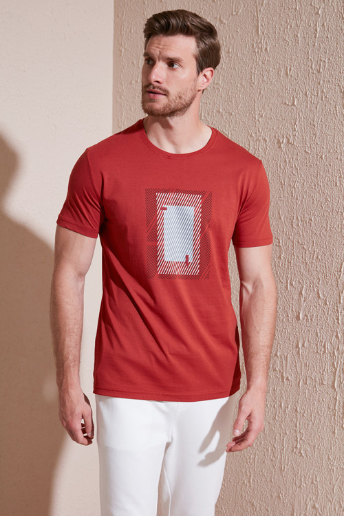 Pamuklu Slim Fit Bisiklet Yaka Erkek T Shirt 646R7930 Tarçın