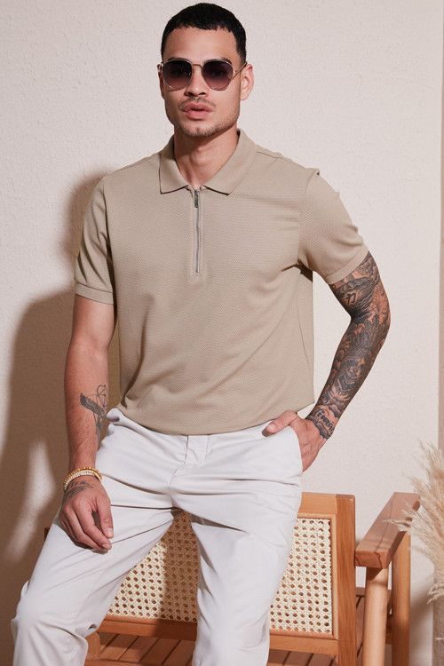 Pamuklu Regular Fit Fermuarlı Erkek Polo Yaka T Shirt 5902915 VİZON