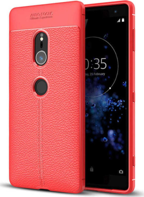 Sony XZ2 Kılıf Darbe Korumalı Deri Görünümlü Silikon Arka Kapak - Kırmızı