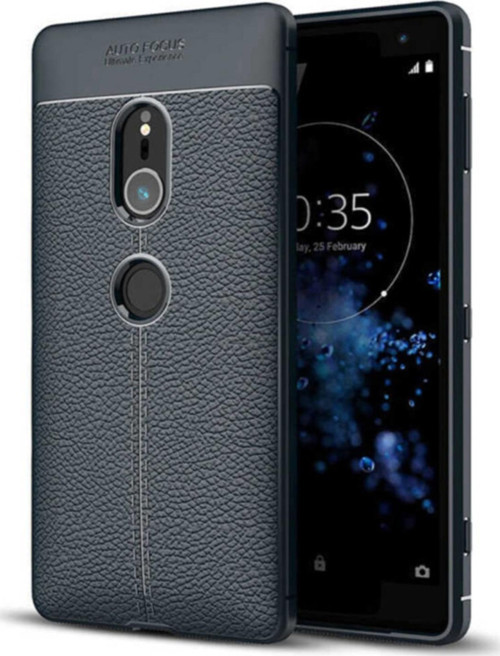 Sony XZ2 Kılıf Darbe Korumalı Deri Görünümlü Silikon Arka Kapak - Lacivert
