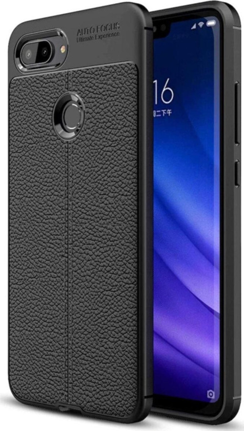 Xiaomi Mi 8 Lite Kılıf Darbe Korumalı Deri Görünümlü Silikon Arka Kapak - Siyah