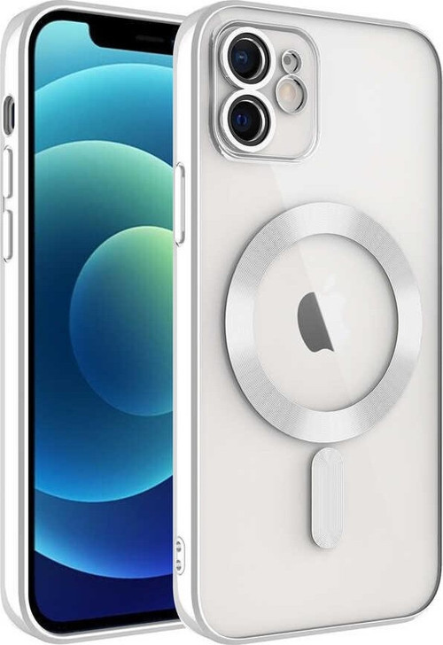 Apple iPhone 11 Mag Safe Özellikli Lens Korumalı Logo Gösteren Şeffaf Silikon Kılıf - Gümüş