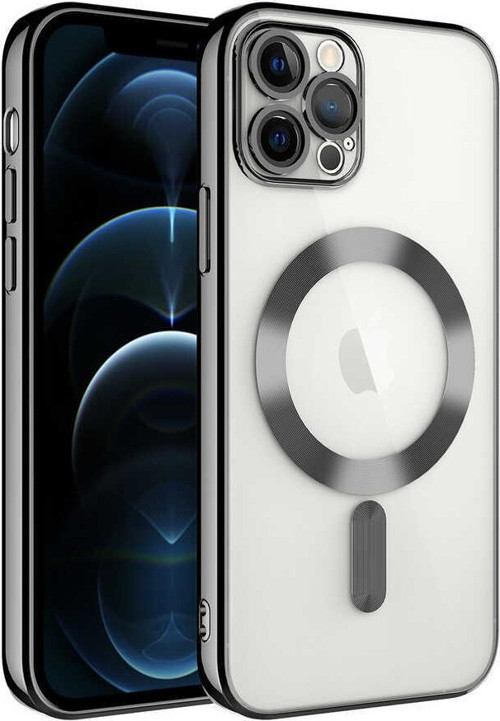 Apple iPhone 11 Pro Max Mag Safe Özellikli Lens Korumalı Logo Gösteren Şeffaf Silikon Kılıf -Siyah