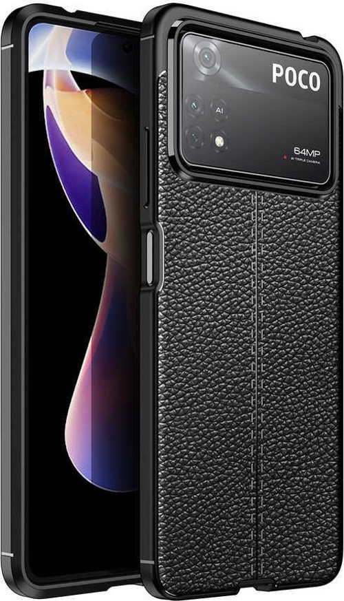 Xiaomi Poco X4 Pro 5G Kılıf Darbe Korumalı Deri Görünümlü Silikon Arka Kapak - Siyah