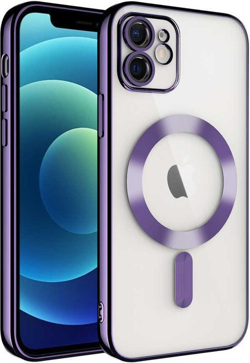 Apple iPhone 12 Mag Safe Özellikli Lens Korumalı Logo Gösteren Şeffaf Silikon Kılıf - Mor