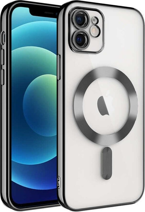 Apple iPhone 12 Mag Safe Özellikli Lens Korumalı Logo Gösteren Şeffaf Silikon Kılıf -Siyah