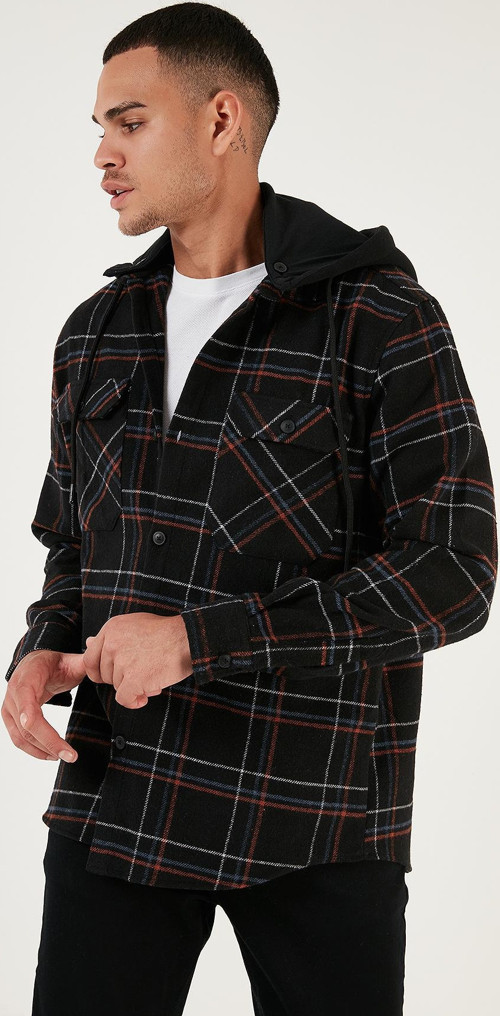 Ekoseli Regular Fit Çıkarılabilir Kapüşonlu Kışlık Erkek Gömlek CF24W126985 SİYAH