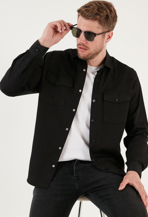 Pamuklu Regular Fit Çift Cepli Erkek Gömlek CF24W116927 SİYAH