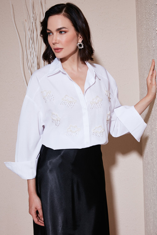 Taş Detaylı Uzun Kollu Regular Fit Bayan Gömlek 611GO00418 EKRU