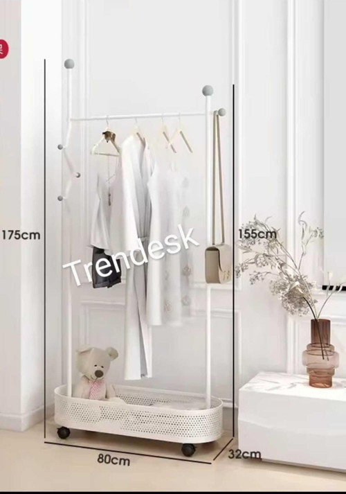 Ayaklı Beyaz Konfeksiyon Askısı Metal Elbise Askılığı Oval Sepetli Askılık Tekerlekli 175 Cm 6006